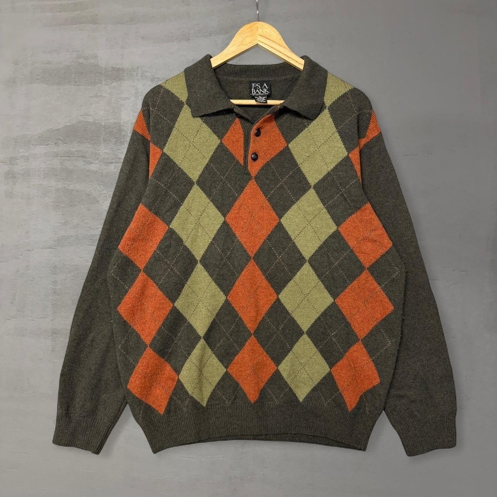 Vintage Jos. A Bank Argyle Wool Blend Soft Henley Sweater Green Men's XL